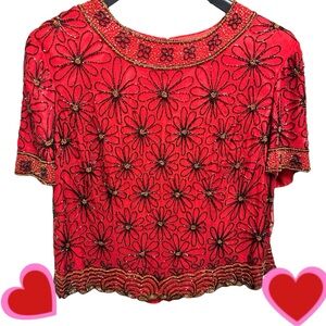 PAPELL Boutique Evening 90’s Red Silk Heavily Beaded & Sequins Floral Blouse 1X